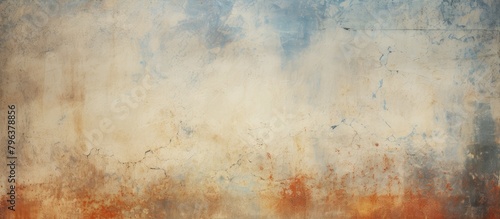 Close up of painting showing brown and blue sky photo