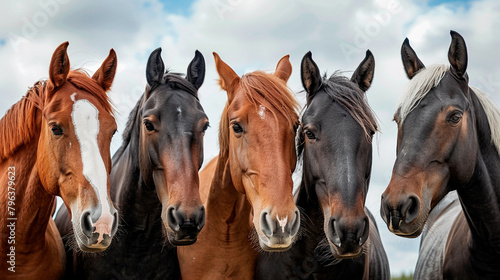 Group of five horses looking straight ahead