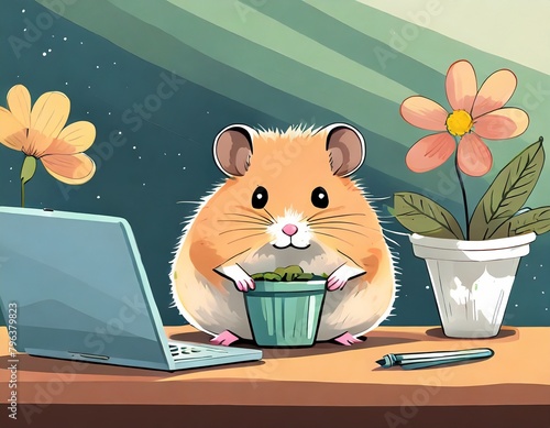 illustration of a cute hamster sitting on the table next to a laptop and a flower in a pot