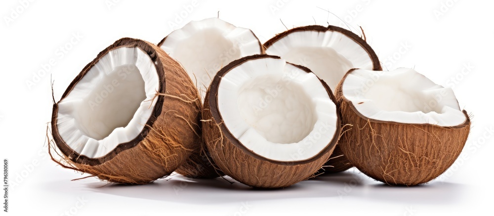 Halved coconuts on a white surface