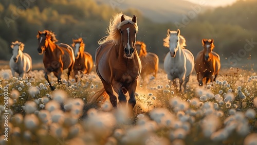 Wild Horses Roam Freely in Blooming Meadows and Sunlit Mountain Landscapes. Concept Wildlife Encounters, Nature Photography, Horse Behavior, Landscape Views, Mountain Scenery