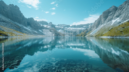 A beautiful lake surrounded by mountains with a clear blue sky above