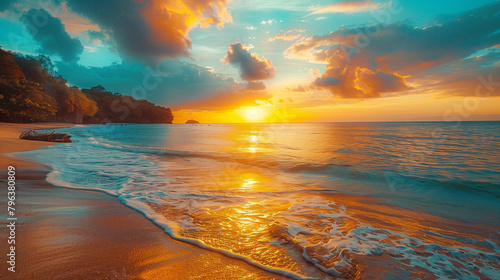 A beautiful beach scene with a bright orange and pink sunset
