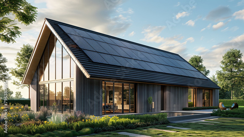 Modern Eco-Friendly Home: New House with Photovoltaic System on Roof, House with Solar Panels Installation