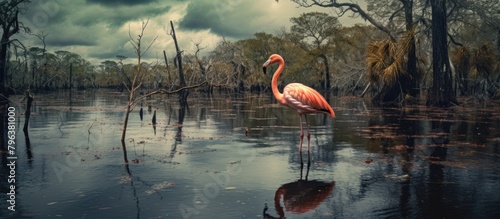 Flamingo in water amidst trees photo