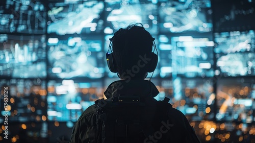 Back view Military Surveillance Officer Working on a City Tracking Operation in a Central Office Hub for Cyber Control and Monitoring for Managing National Security. photo