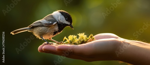 Bird perched on hand photo