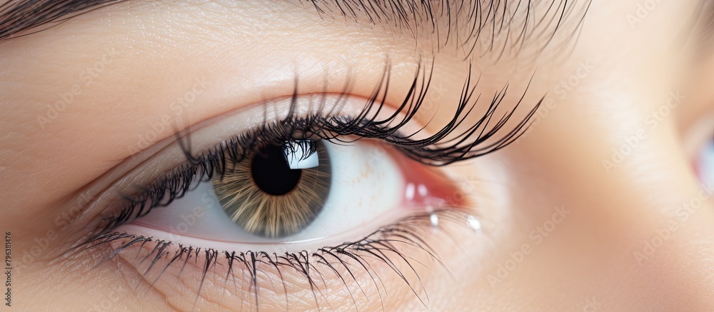 Obraz premium Close-up of woman's long eyelashes, applying cosmetic growth oil for treatment
