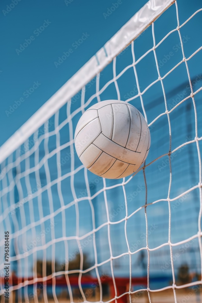 Beach volleyball ball and net under clear blue sky summer seaside recreation and beach sports Beach volleyball ball and net under clear blue sky summer seaside recreation and beach sports