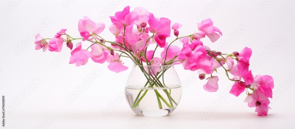 Pink flowers in a vase on white surface