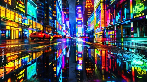 Pop art cityscape at night, illuminated skyscrapers, vibrant neon signs, and stylized reflections