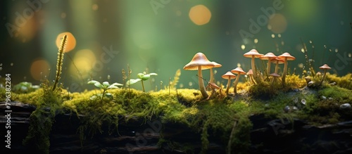 Mushrooms on mossy log in forest