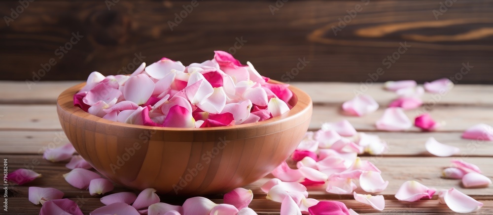 Wooden bowl holds pink flower petals Wooden bowl holds pink flower petals