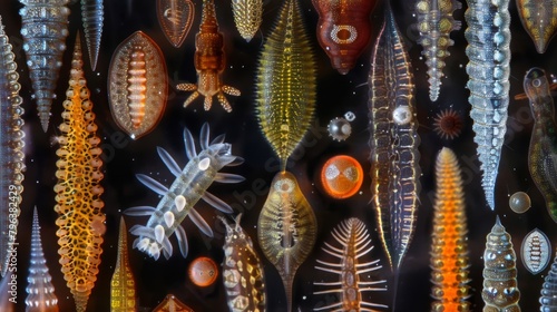A magnificent array of rotifer species captured under high magnification to display their unique shapes and patterns. photo