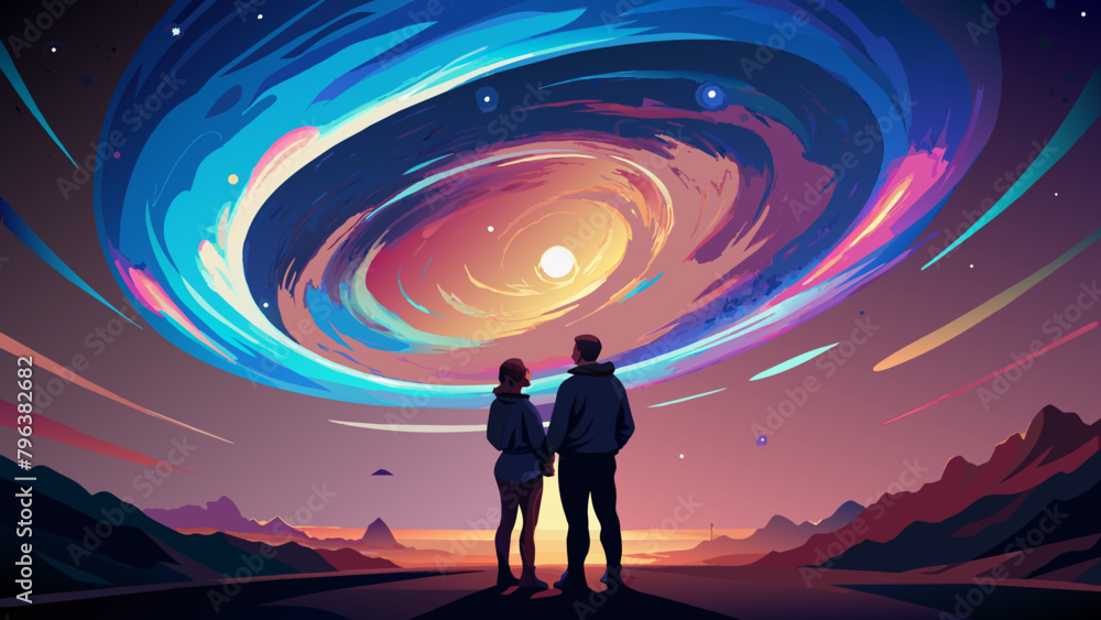 Fototapeta premium People against the background of an infinitely beautiful cosmos. an illustration of the Milky Way in the sky. Two people are looking at the stars in the night sky outside the city.