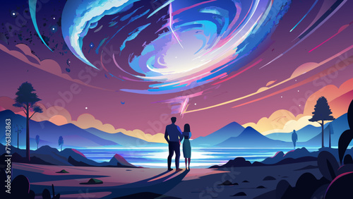 People against the background of an infinitely beautiful cosmos. an illustration of the Milky Way in the sky. Two people are looking at the stars in the night sky outside the city.