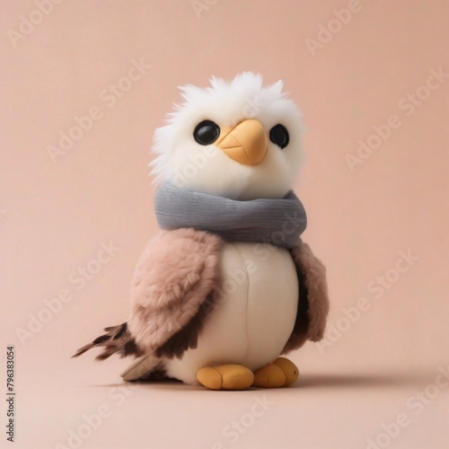 Happy Hawk stuffed toy wear winter scarf, isolated on pastel background