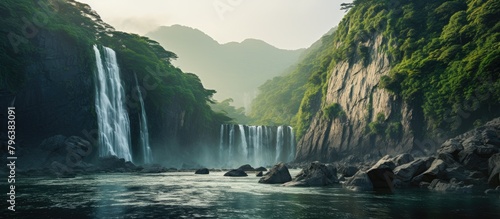 Mountain waterfall and river scene photo