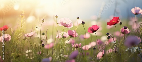 Pink blooms scatter across field under clear blue sky