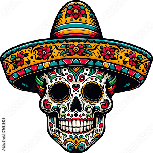 Vibrant Calavera: A Mexican Skull Illustration with Transparent Background