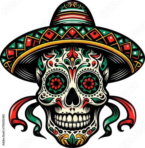 Vibrant Calavera: A Mexican Skull Illustration with Transparent Background