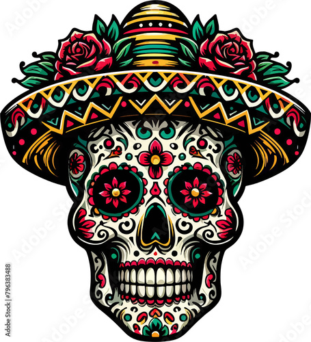 Vibrant Calavera: A Mexican Skull Illustration with Transparent Background