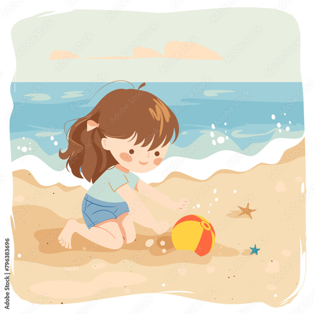 Illustration of a Little Girl Playing with a Volleyball on the Beach