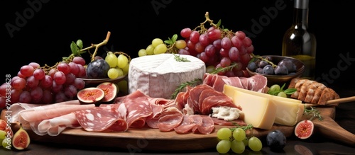 Cutting board with meat, cheese, grapes, bread