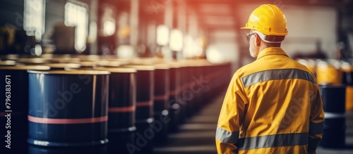 Man in yellow construction gear by barrels photo