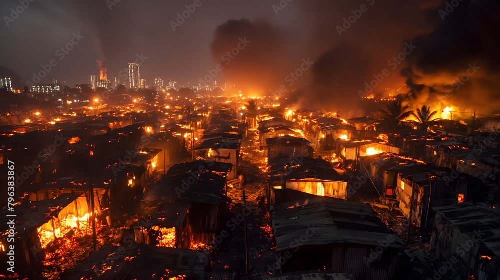 Devastating Slum Fire at Night in Indian Urban Setting