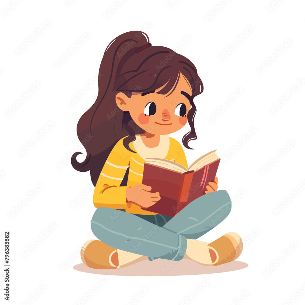 Cute little girl reading a book, cartoon vector illustration isolated on white background. Cute little girl reading a book, cartoon vector illustration isolated on white background.