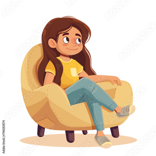 Cute little girl sitting in armchair. Cartoon vector illustration.