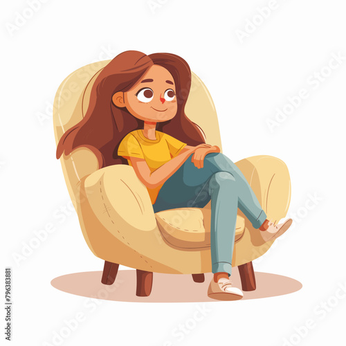 Cute little girl sitting in armchair, cartoon vector illustration isolated on white background.