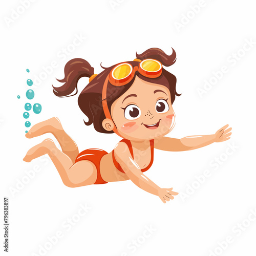 Cute little girl swimming in pool cartoon vector Illustration isolated on a white background.