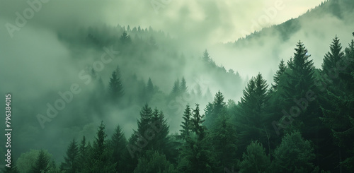 Misty landscape with fir forest in vintage retro style