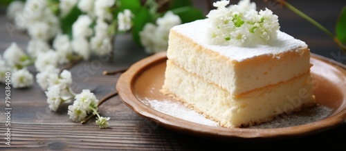 Cake on Plate with Blooms Behind