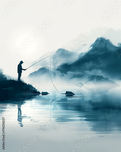 A man is fishing in a lake with mountains in the background