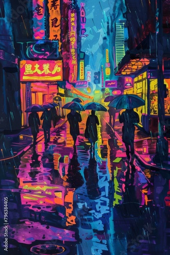 Pop art view of a rain-slicked city street at night, neon signs reflected in puddles, stylized figures with umbrellas