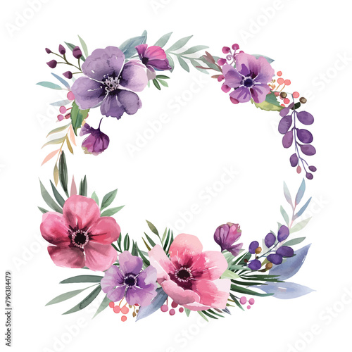 a floral wreath with flowers and leaves in purple and pink.