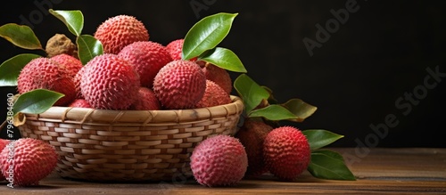 A basket filled with ripe red lychee fruits photo