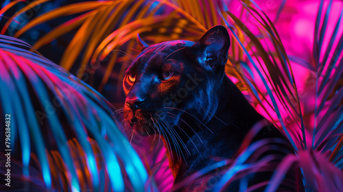 .Black panther on a background of neon tropical leaves.
