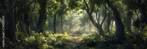 A Tranquil Stroll: Sunlight Dancing Through the Verdant Canopy of an Old Forest
