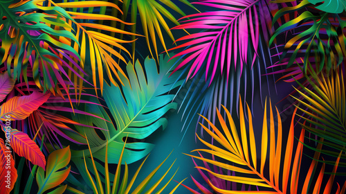 Background of neon tropical leaves.