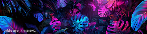 Banner neon tropical leaves background.