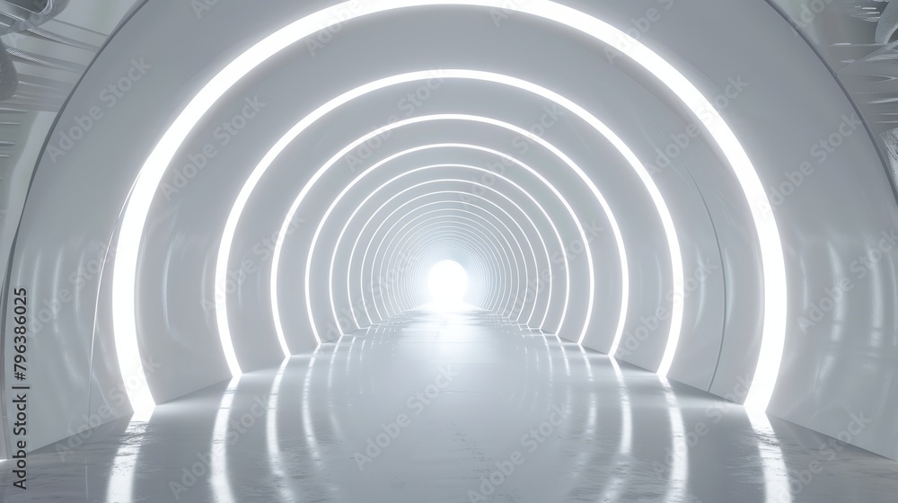Detailed and high-resolution view of a brilliantly lit white tunnel, providing a simple yet impactful background Detailed and high-resolution view of a brilliantly lit white tunnel, providing a simple yet impactful background