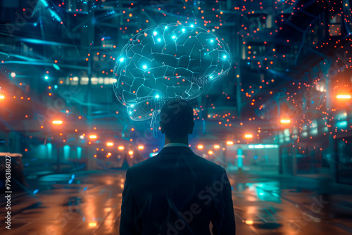 Rear view of a businessman stands in the data center and looking at a holographic digital brain above his head that suggest advanced technology or artificial intelligence concepts.