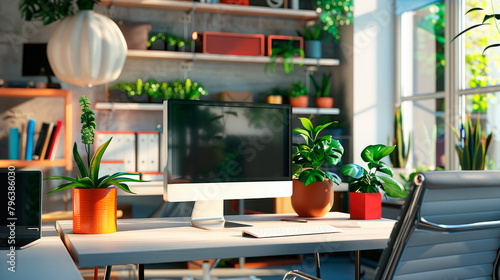 Work desk with computer and plants. Modern interior of cozy cabinet, table for businessman or student , comfortable workspace.