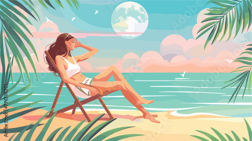 A girl relaxing on the beach on a deck chair during s