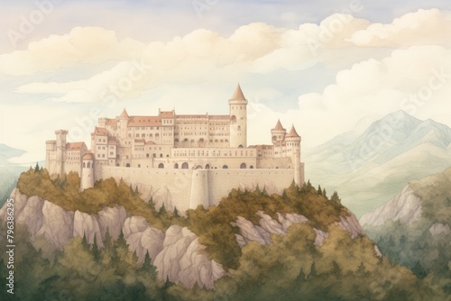 Illustration of castle on mountain architecture building landscape.