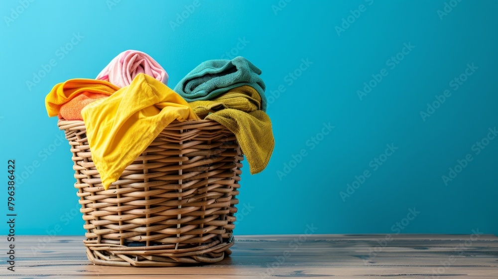 Overflowing laundry basket against a blue backdrop. AI Generative.